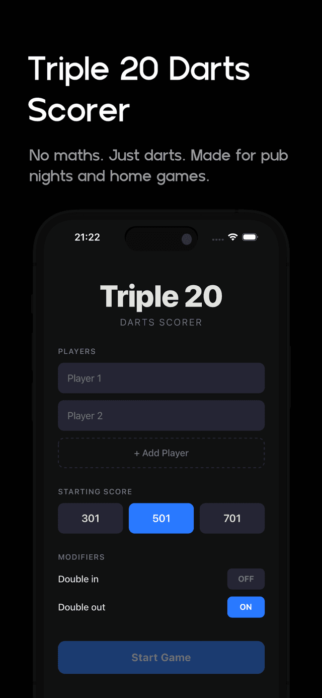 Triple 20 Darts app screenshot showing the game setup screen
